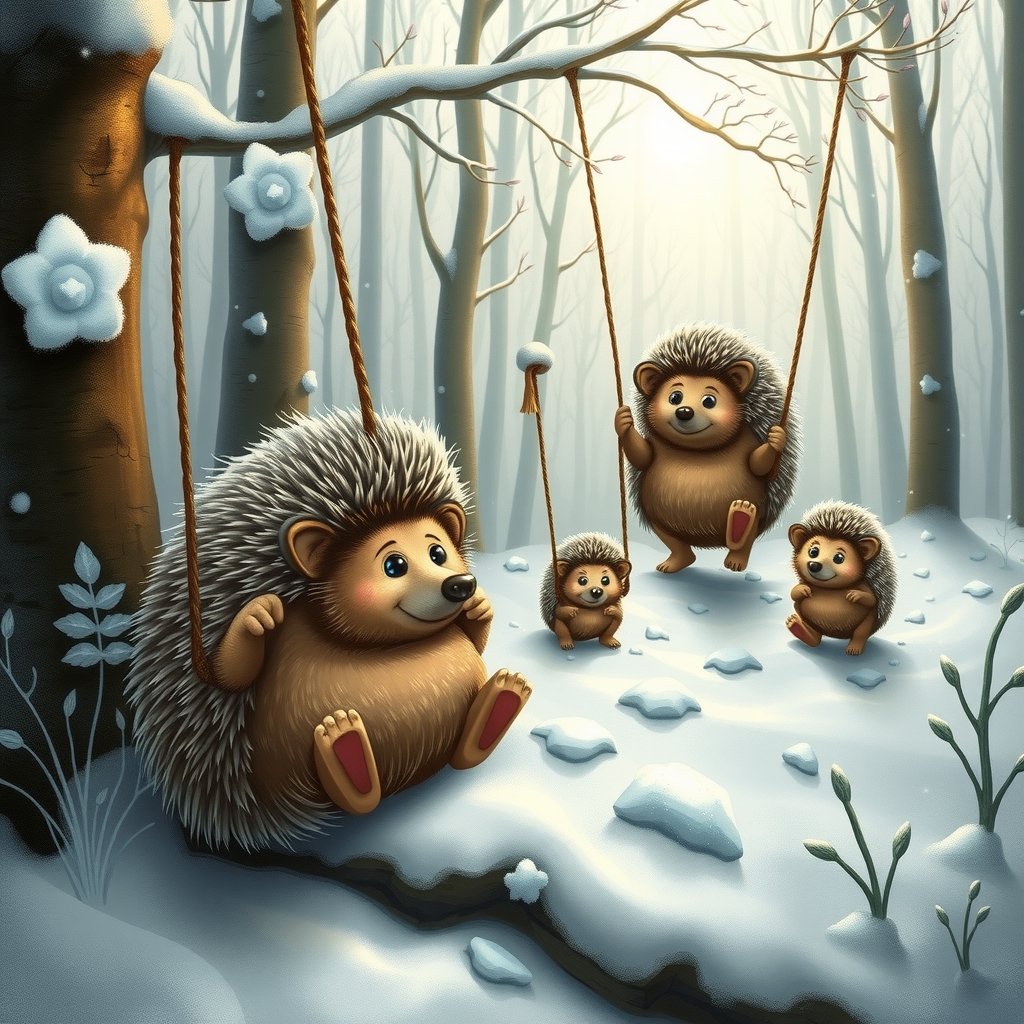 snowy fairytale forest with hedgehog family by मुफ्त एआई छवि जनरेटर - बिना लॉगिन के✨ | AIGAZOU