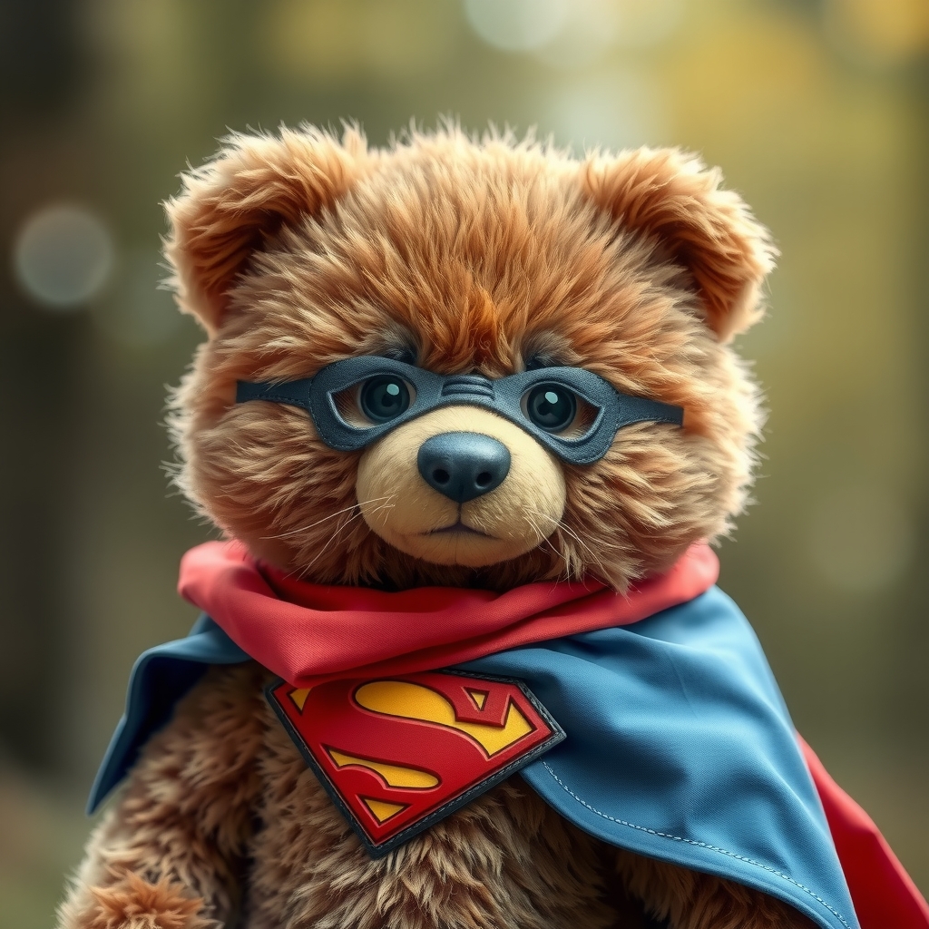 a fluffy brown bear with a sweet superhero cape and mask by मुफ्त एआई छवि जनरेटर - बिना लॉगिन के✨ | AIGAZOU