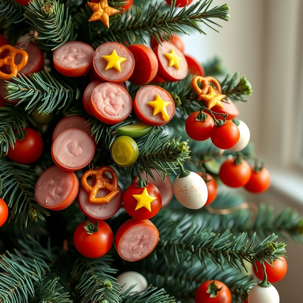 mini sausages pickles pepperoni radishes pretzels eggs tomatoes on christmas tree by मुफ्त एआई छवि जनरेटर - बिना लॉगिन के✨ | AIGAZOU