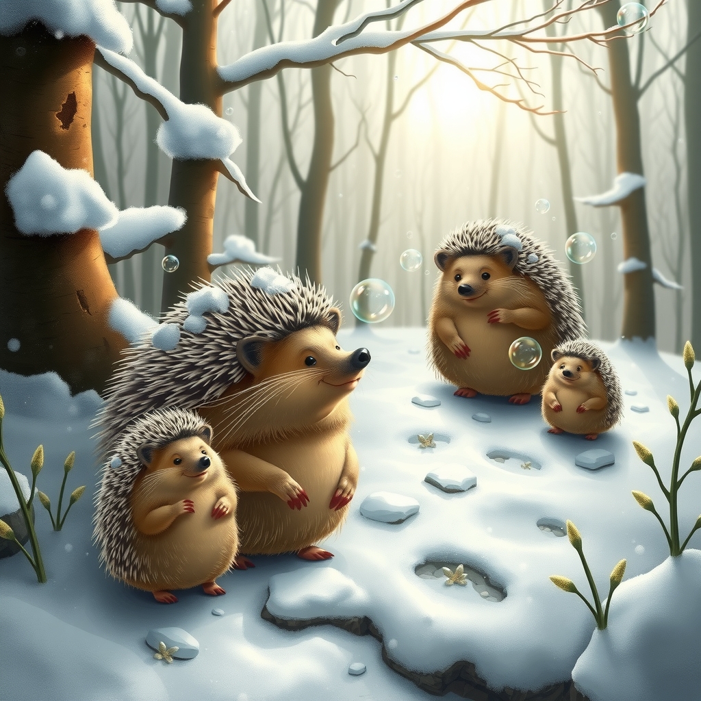 snowy fairy tale forest with hedgehog family by मुफ्त एआई छवि जनरेटर - बिना लॉगिन के✨ | AIGAZOU