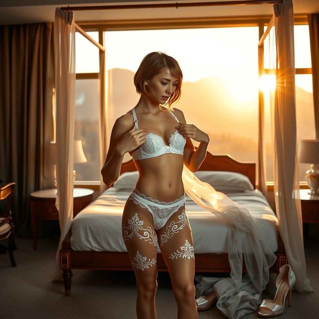 elegant woman in luxury suite with sunset mountains by मुफ्त एआई छवि जनरेटर - बिना लॉगिन के✨ | AIGAZOU