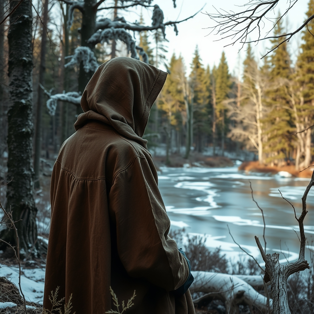 an old woman with worn brown cloak reaches forest clearing by मुफ्त एआई छवि जनरेटर - बिना लॉगिन के✨ | AIGAZOU