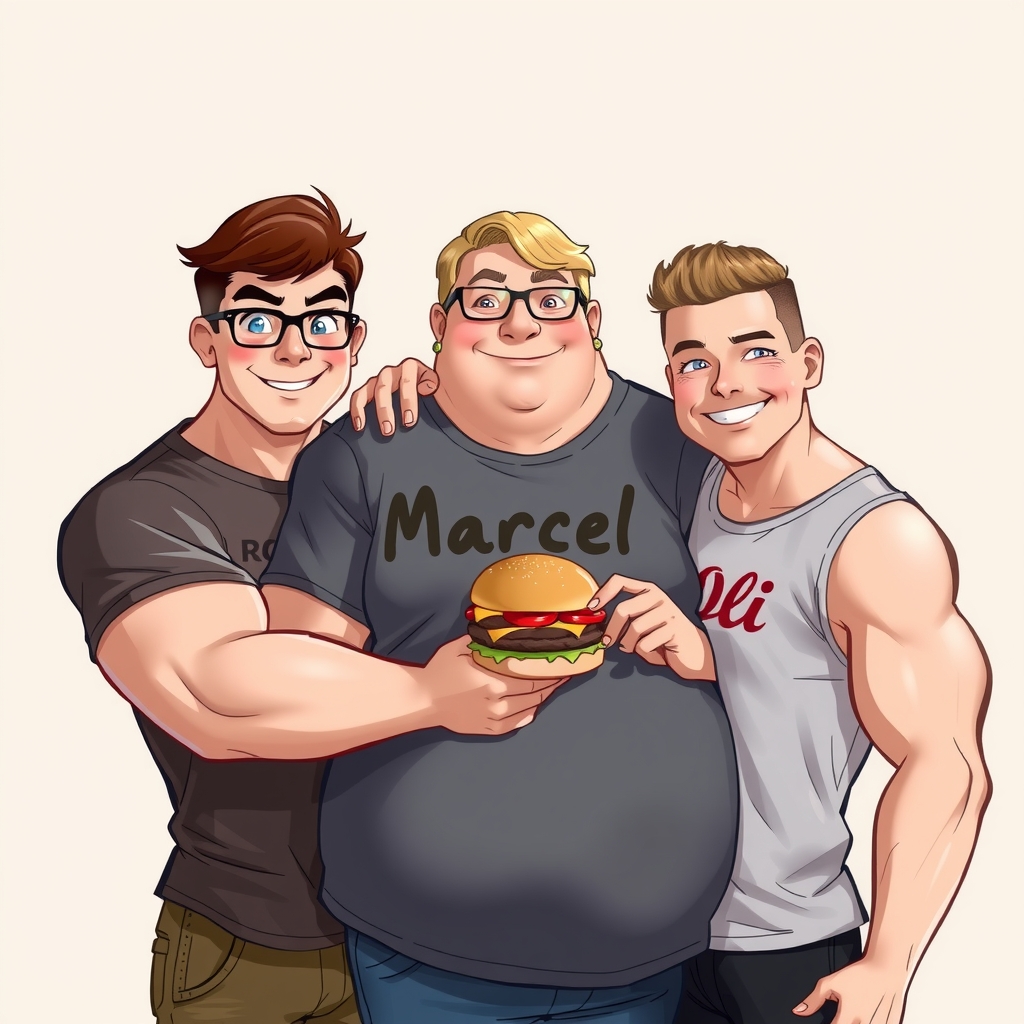 three people one brown haired muscular glasses robin shirt another blond overweight burger marcel shirt last muscular oli shirt short by मुफ्त एआई छवि जनरेटर - बिना लॉगिन के✨ | AIGAZOU