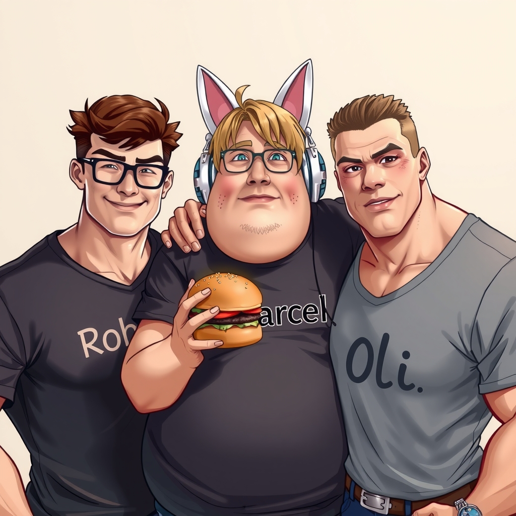 three people one brown haired muscular robin second blond extremely overweight marcel third muscular brown blond oli designer brands by मुफ्त एआई छवि जनरेटर - बिना लॉगिन के✨ | AIGAZOU