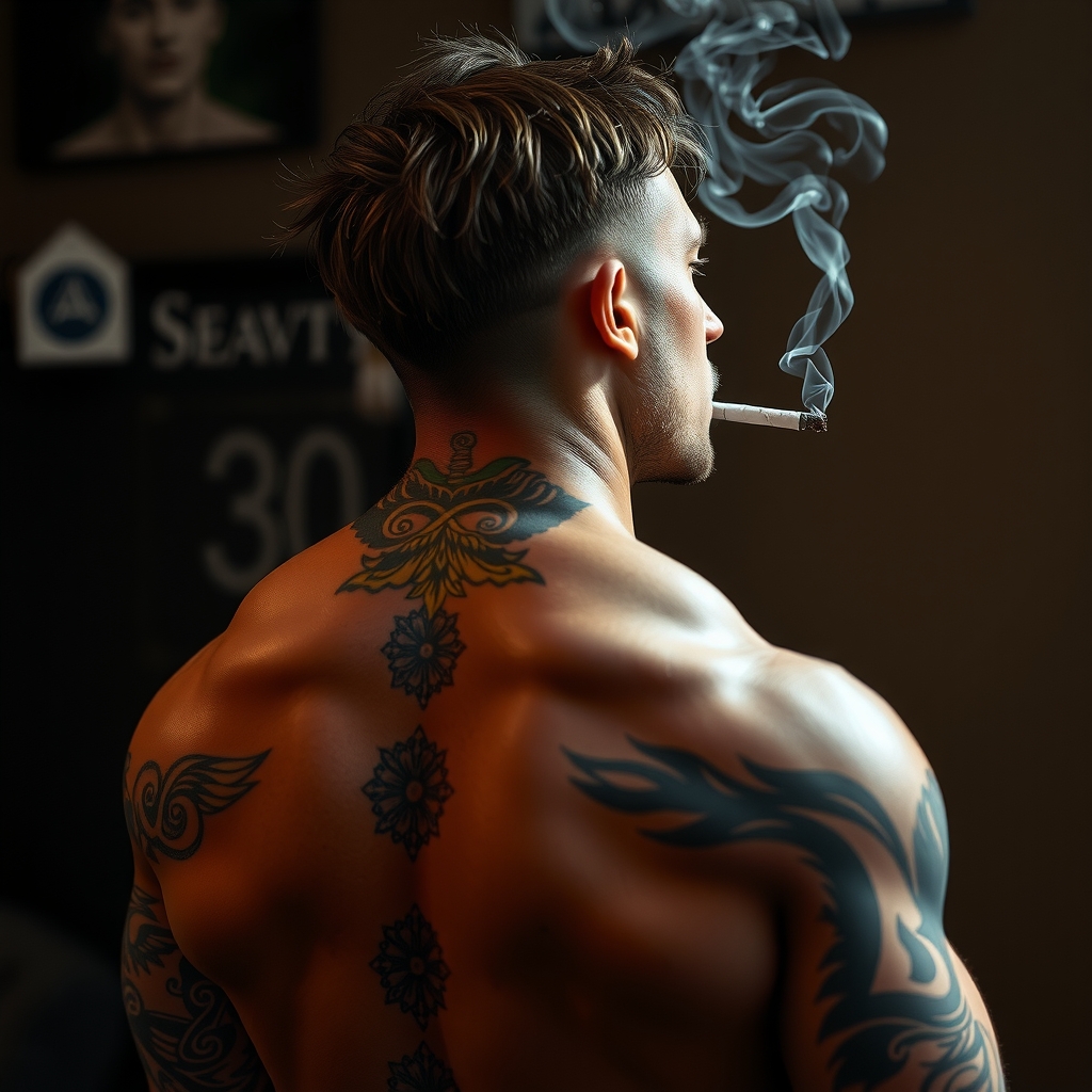 muscled brown man with tattoos smoking by मुफ्त एआई छवि जनरेटर - बिना लॉगिन के✨ | AIGAZOU