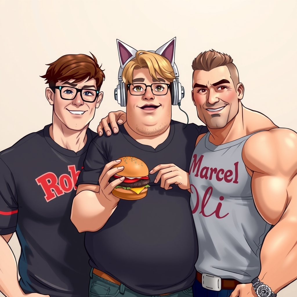 three people one brown haired muscular glasses robin shirt another blond extremely overweight burger glasses many pimples cat ear headphones by Free AI Image Generator & Maker - No login required✨ | AIGAZOU