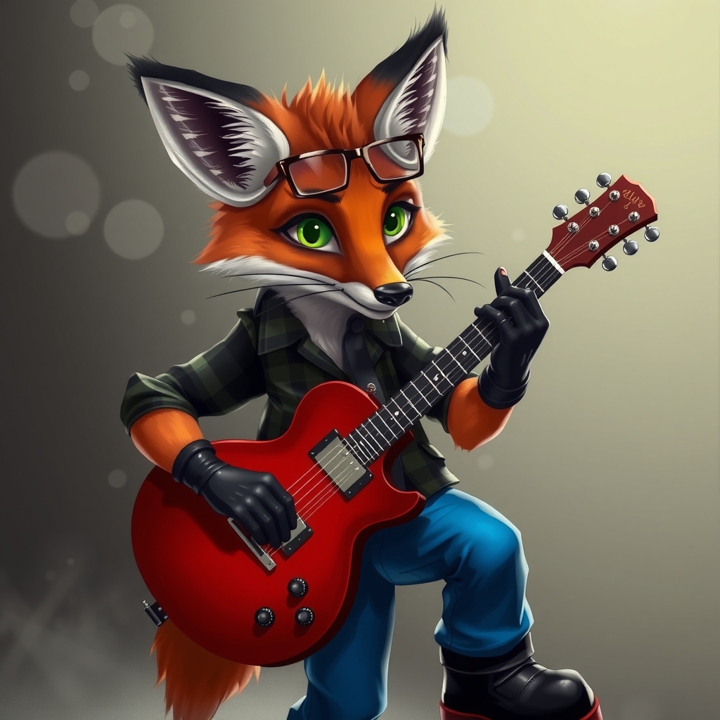 a fox with green eyes punk hair checkered shirt blue pants black boots plays guitar square glasses by मुफ्त एआई छवि जनरेटर - बिना लॉगिन के✨ | AIGAZOU