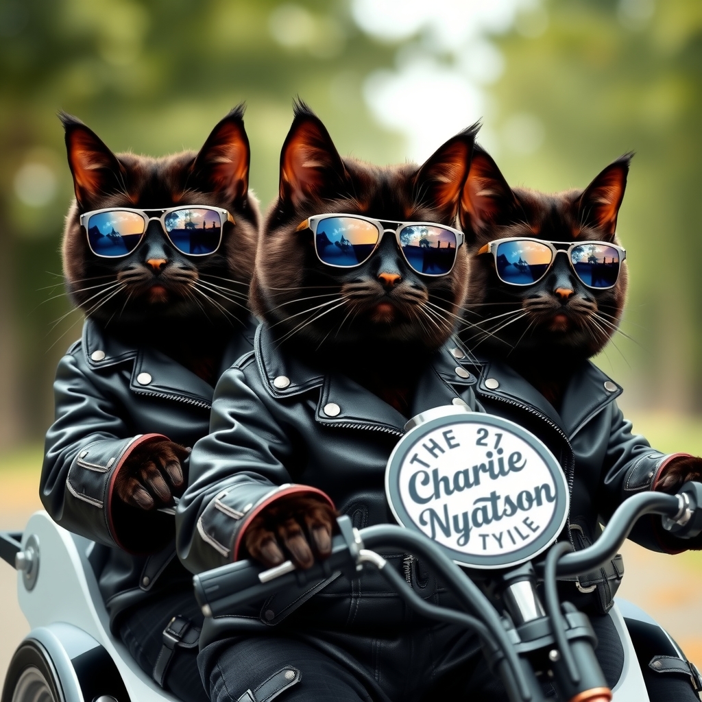 three black cats wearing leather jackets driving tricycle by मुफ्त एआई छवि जनरेटर - बिना लॉगिन के✨ | AIGAZOU