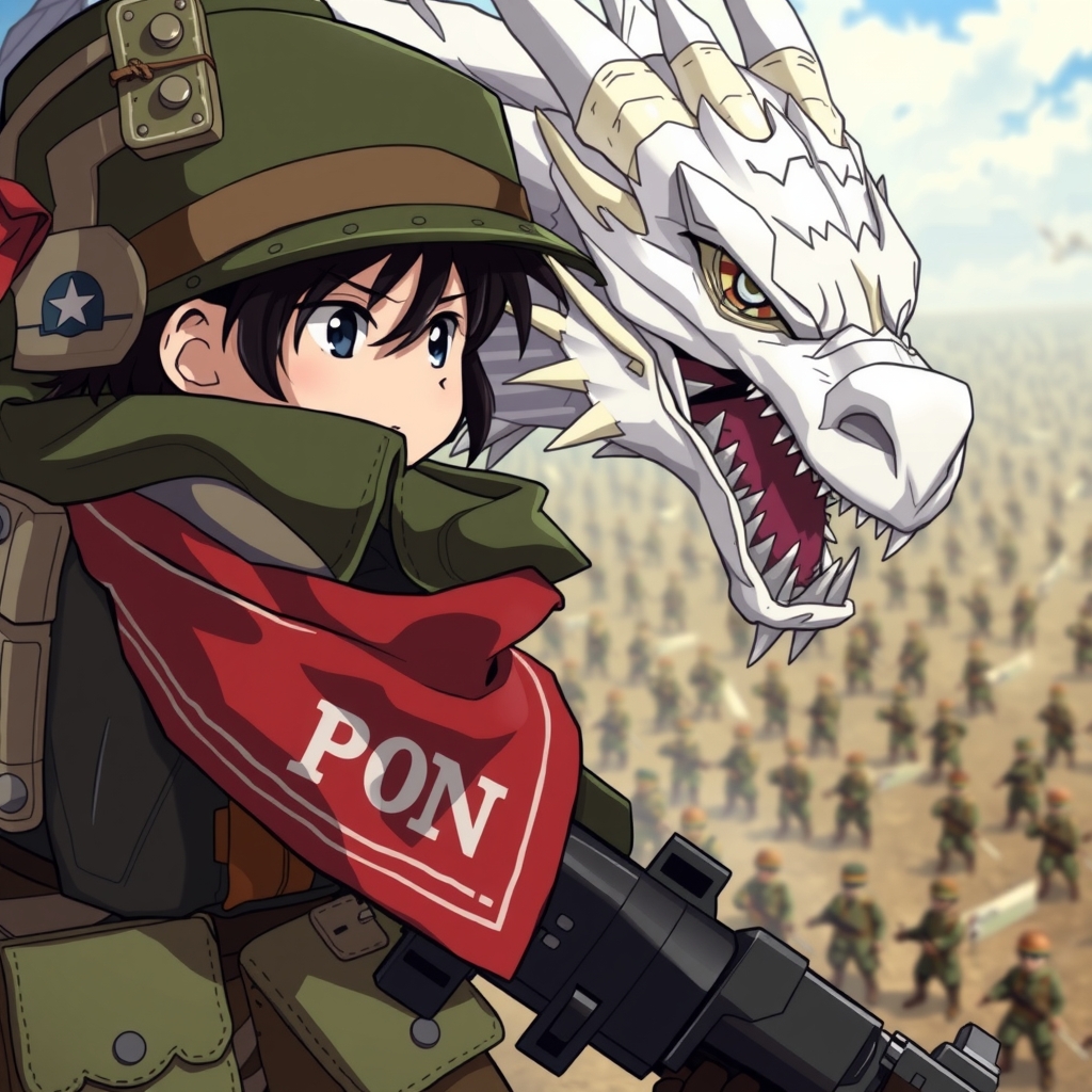 anime style small soldier pon bandana white dragon battlefield by मुफ्त एआई छवि जनरेटर - बिना लॉगिन के✨ | AIGAZOU