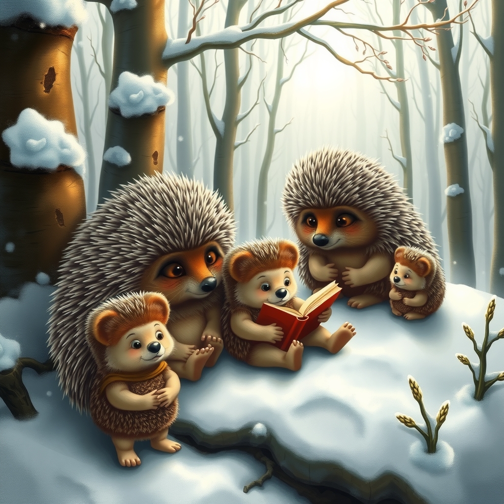 snowy fairy tale forest with hedgehog family by मुफ्त एआई छवि जनरेटर - बिना लॉगिन के✨ | AIGAZOU