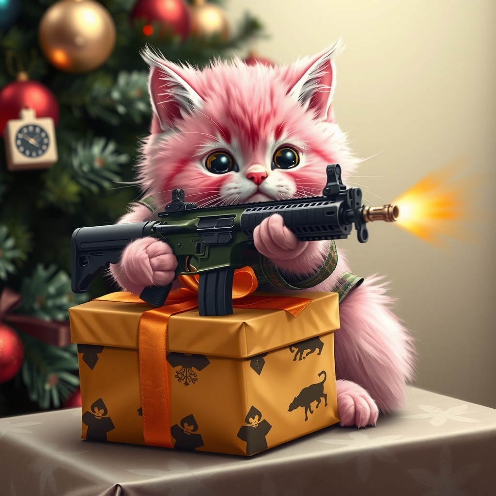 cute pink cat golden gift christmas military uniform shooting assault rifle wrapping paper 14z by मुफ्त एआई छवि जनरेटर - बिना लॉगिन के✨ | AIGAZOU