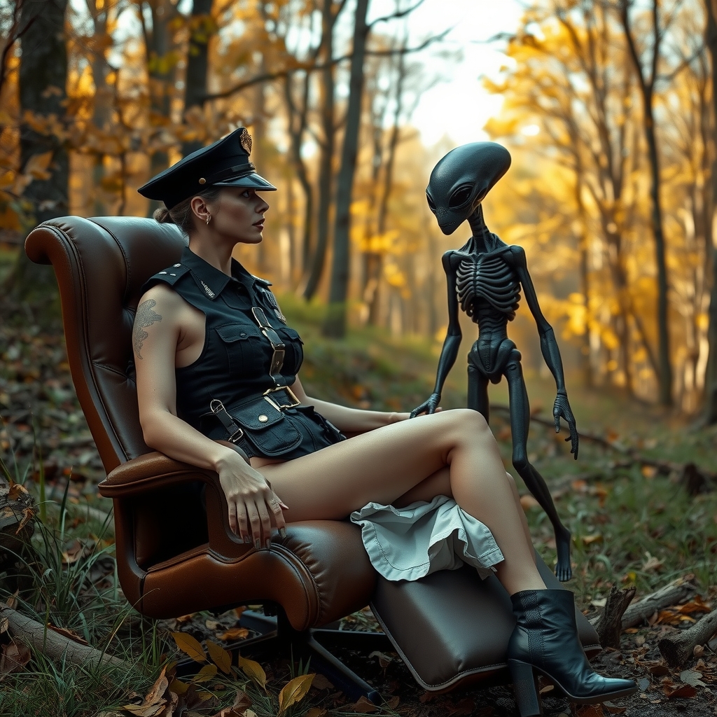 a policeman in a forest on a designer chair being examined by an alien by मुफ्त एआई छवि जनरेटर - बिना लॉगिन के✨ | AIGAZOU