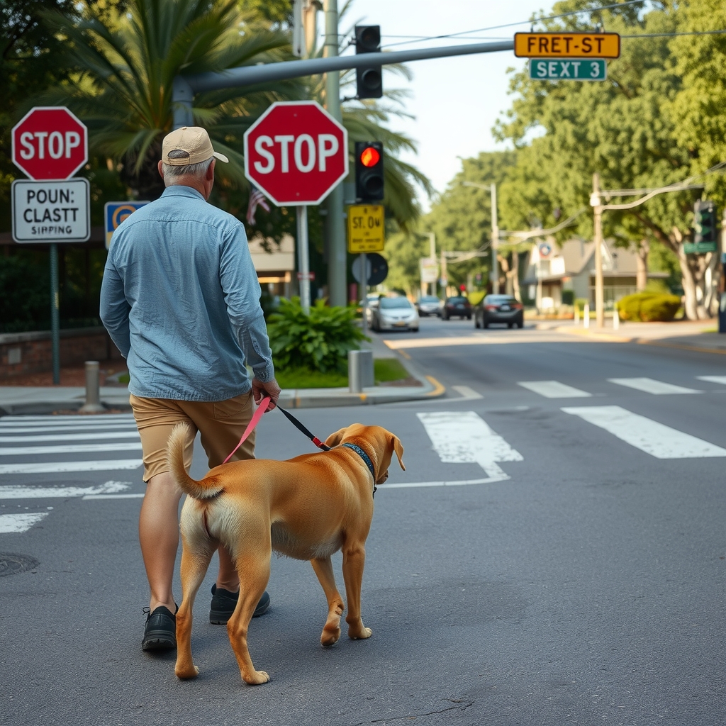 the owner walks and stops before crossing the street by मुफ्त एआई छवि जनरेटर - बिना लॉगिन के✨ | AIGAZOU