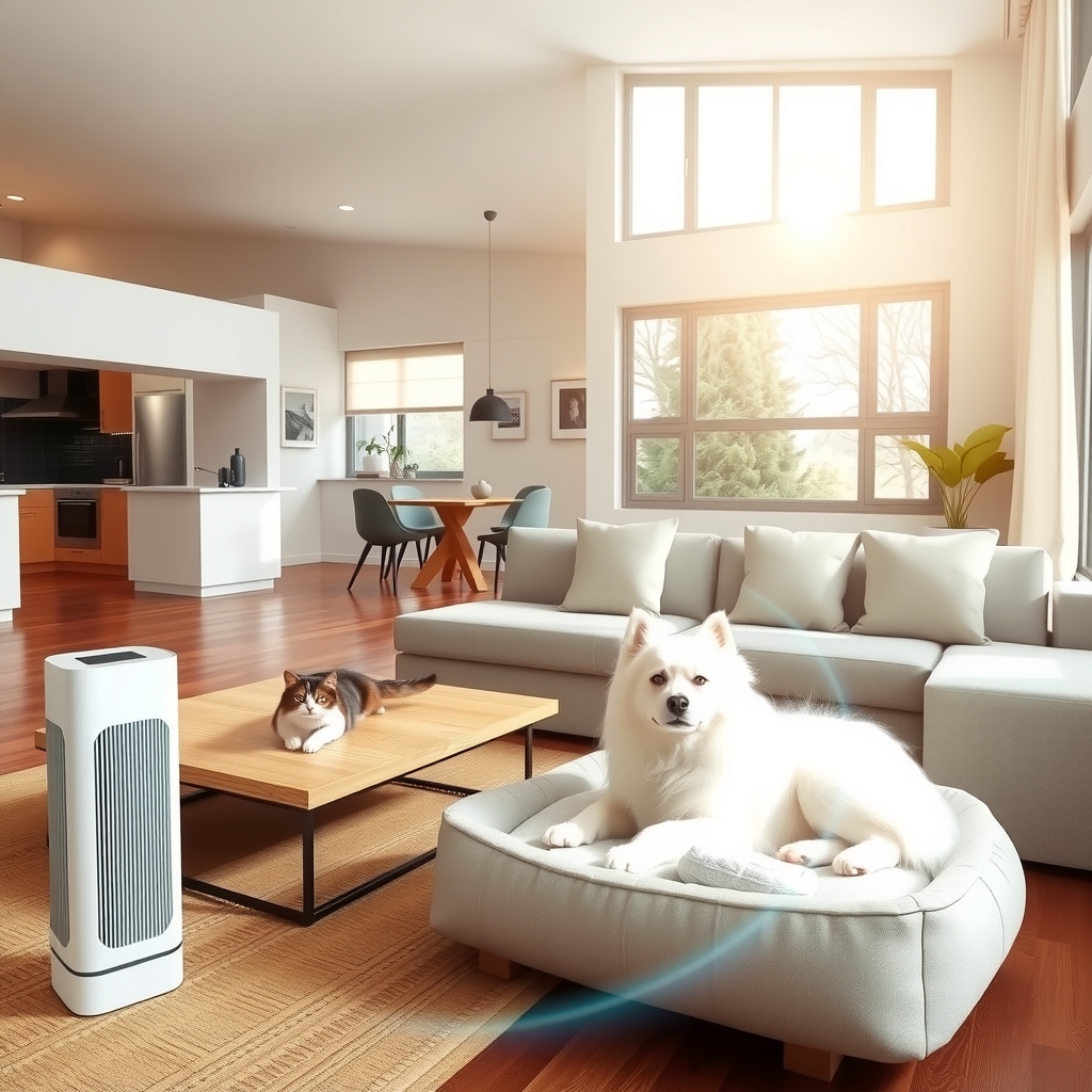 modern living room with pet area and air purifier by मुफ्त एआई छवि जनरेटर - बिना लॉगिन के✨ | AIGAZOU