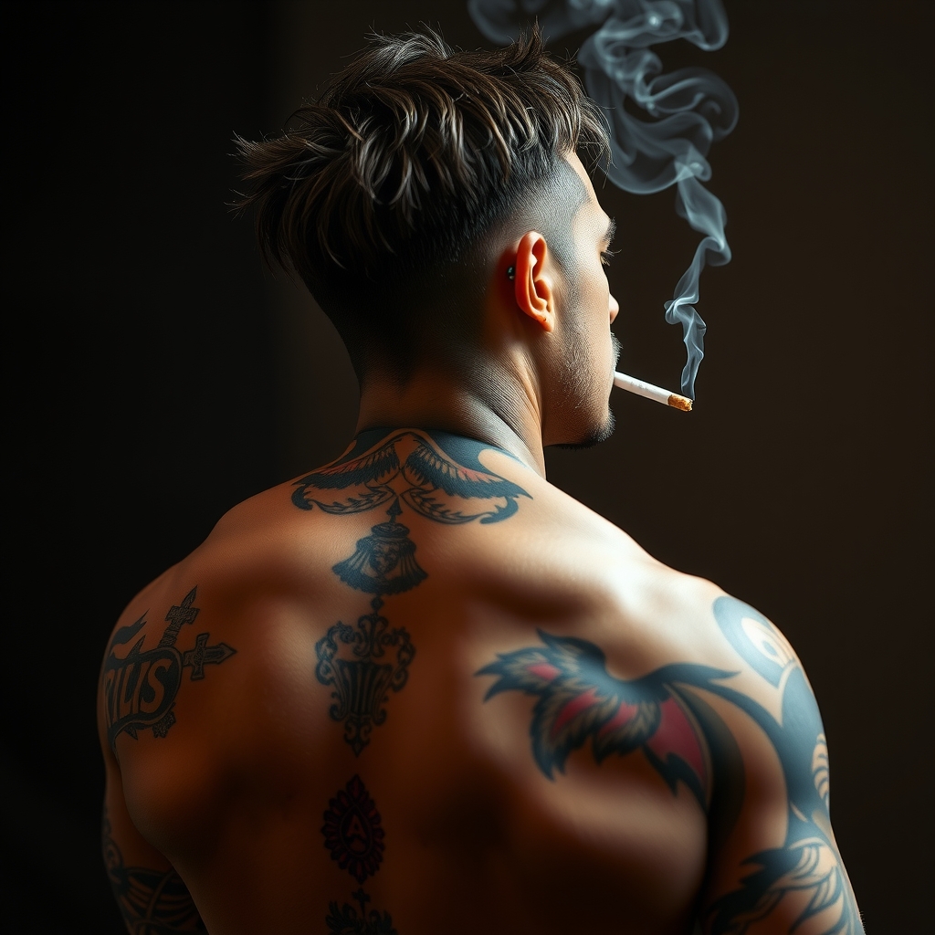 muscled man with tattoos smoking cigarette by मुफ्त एआई छवि जनरेटर - बिना लॉगिन के✨ | AIGAZOU