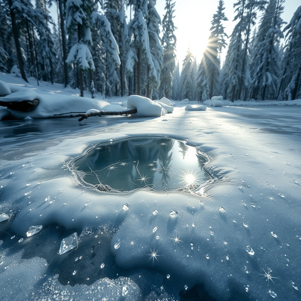 a small ice lake in a snowy forest sparkles like a gem by मुफ्त एआई छवि जनरेटर - बिना लॉगिन के✨ | AIGAZOU