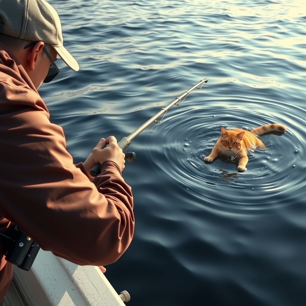 a fish person aiming at a swimming cat in the sea by मुफ्त एआई छवि जनरेटर - बिना लॉगिन के✨ | AIGAZOU