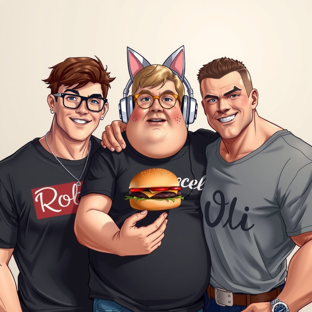 three people one brown haired muscular robin shirt another blond extremely overweight burger glasses acne cat ear headphones marcel shirt by मुफ्त एआई छवि जनरेटर - बिना लॉगिन के✨ | AIGAZOU