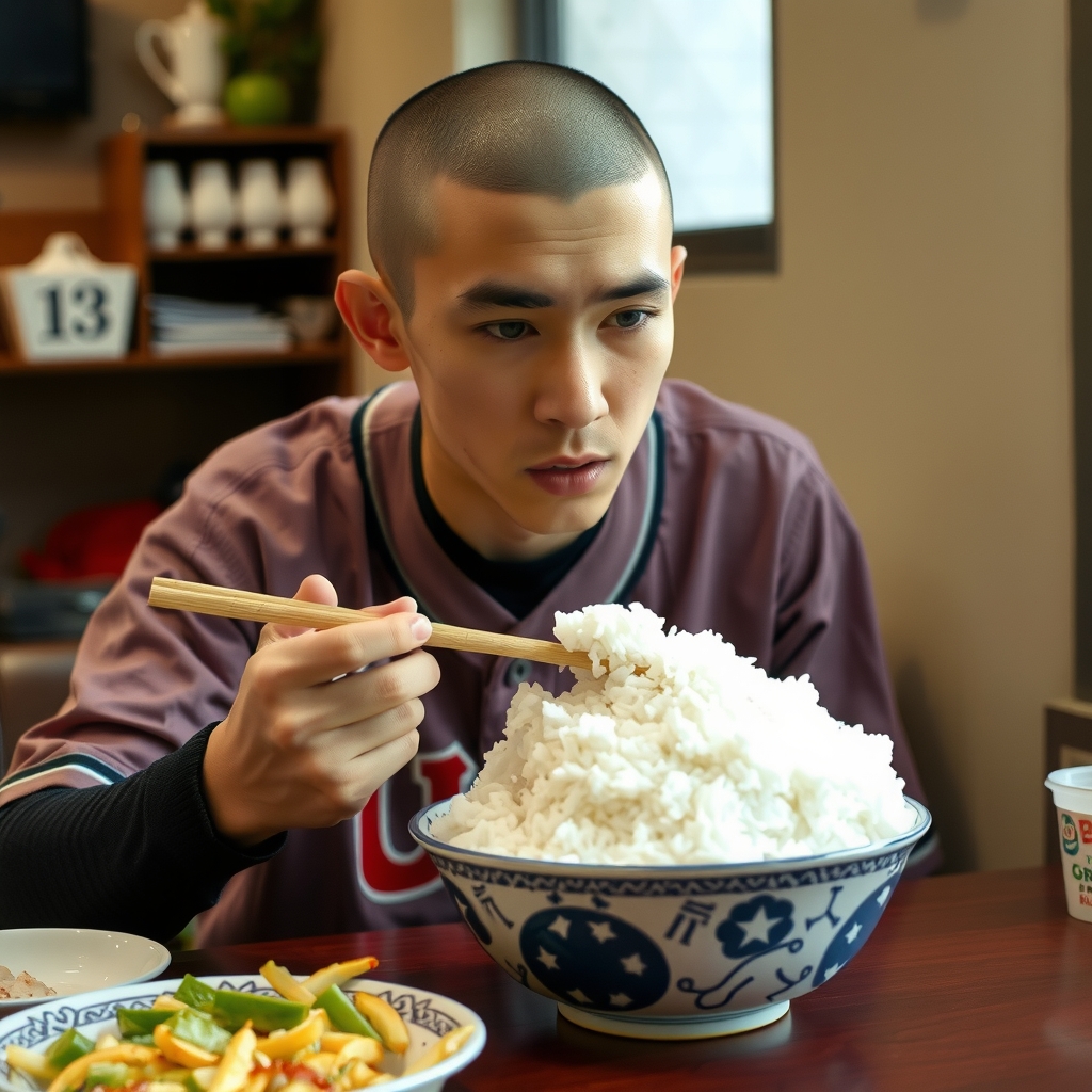 japanese high school baseball player eating lots of rice by मुफ्त एआई छवि जनरेटर - बिना लॉगिन के✨ | AIGAZOU