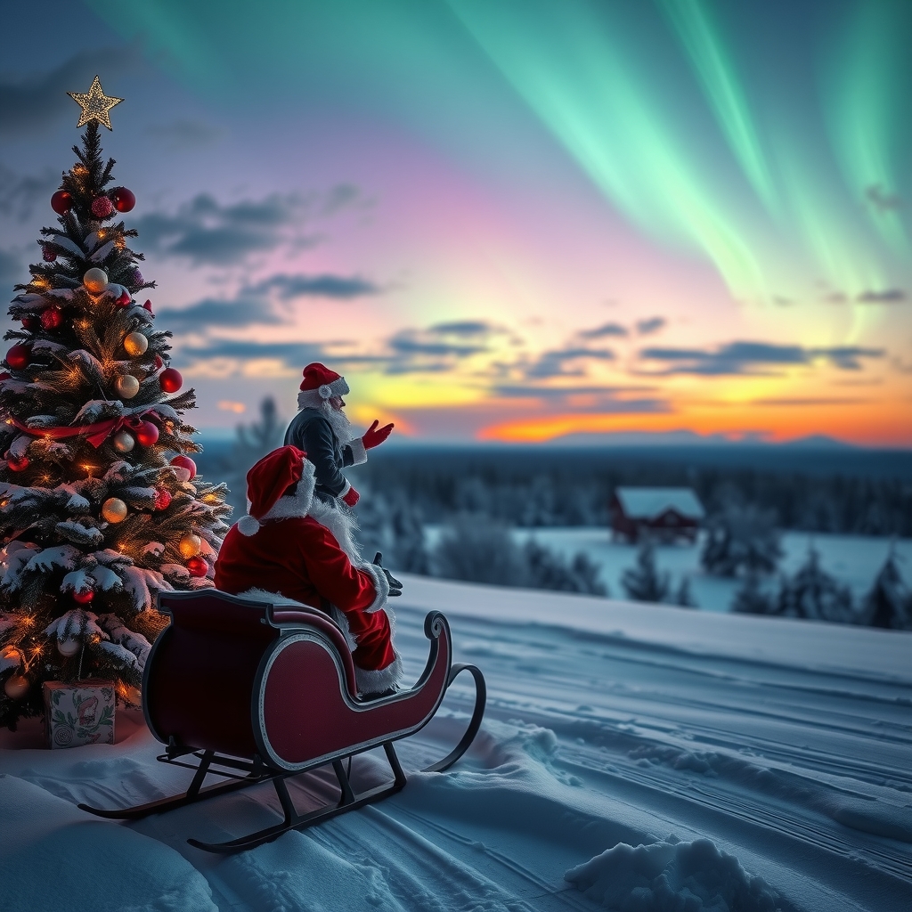 winter landscape twilight christmas tree santa sled colorful northern lights by मुफ्त एआई छवि जनरेटर - बिना लॉगिन के✨ | AIGAZOU