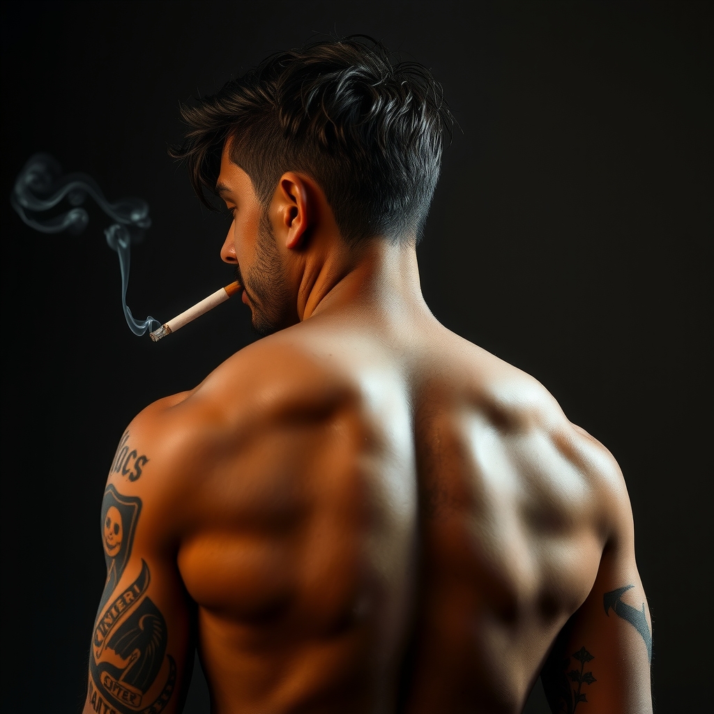 muscled man with tattoos smoking cigarette by मुफ्त एआई छवि जनरेटर - बिना लॉगिन के✨ | AIGAZOU