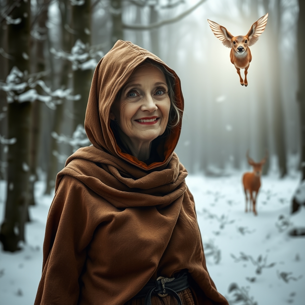 an old woman with a kind face walks through a snowy forest by Générateur d'images par IA gratuit - Aucune connexion nécessaire✨ | AIGAZOU