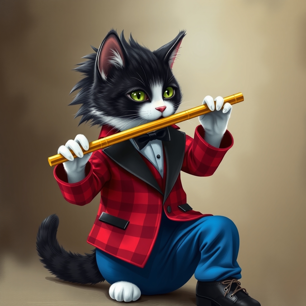 a black and white spotted cat with punk hair in a red checkered shirt blue pants and black leather boots by मुफ्त एआई छवि जनरेटर - बिना लॉगिन के✨ | AIGAZOU