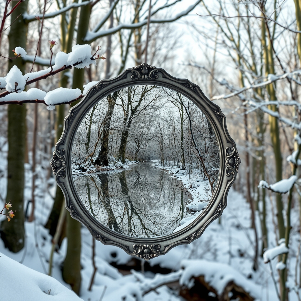 snowy winter and spring with buds and blooming flowers simultaneously in a forest reflected in an old silver bordered mirror by मुफ्त एआई छवि जनरेटर - बिना लॉगिन के✨ | AIGAZOU