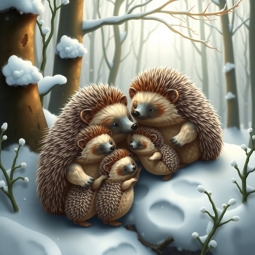 snowy fairy tale forest with hedgehog family by मुफ्त एआई छवि जनरेटर - बिना लॉगिन के✨ | AIGAZOU