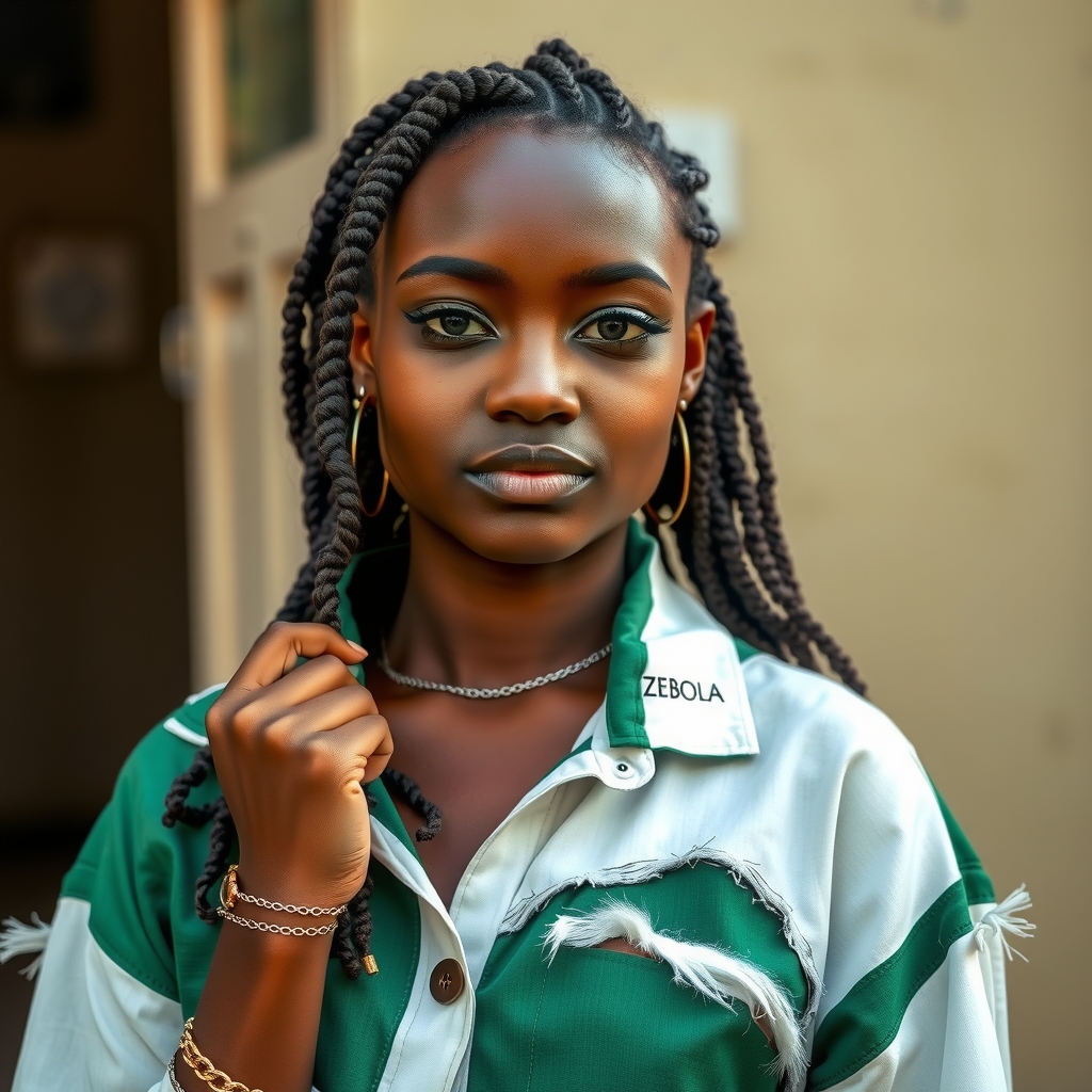 young black woman wearing zebola brand green white torn but stylish by Générateur d'images par IA gratuit - Aucune connexion nécessaire✨ | AIGAZOU