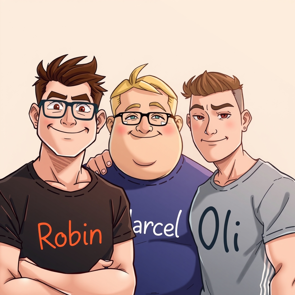 three people one brown haired muscular glasses robin shirt by मुफ्त एआई छवि जनरेटर - बिना लॉगिन के✨ | AIGAZOU