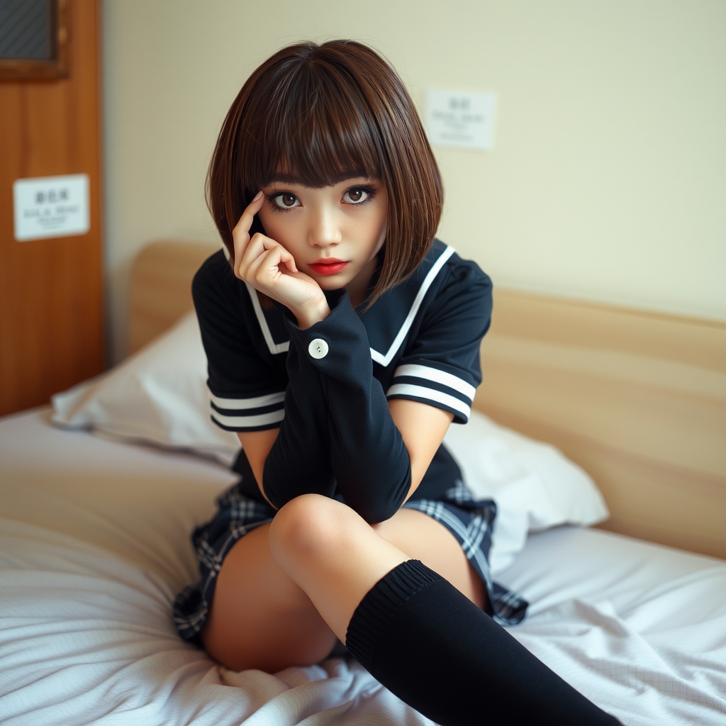 red face teary eyes black knee high socks mini skirt sitting on bed camera facing japanese bob cut uniform by मुफ्त एआई छवि जनरेटर - बिना लॉगिन के✨ | AIGAZOU