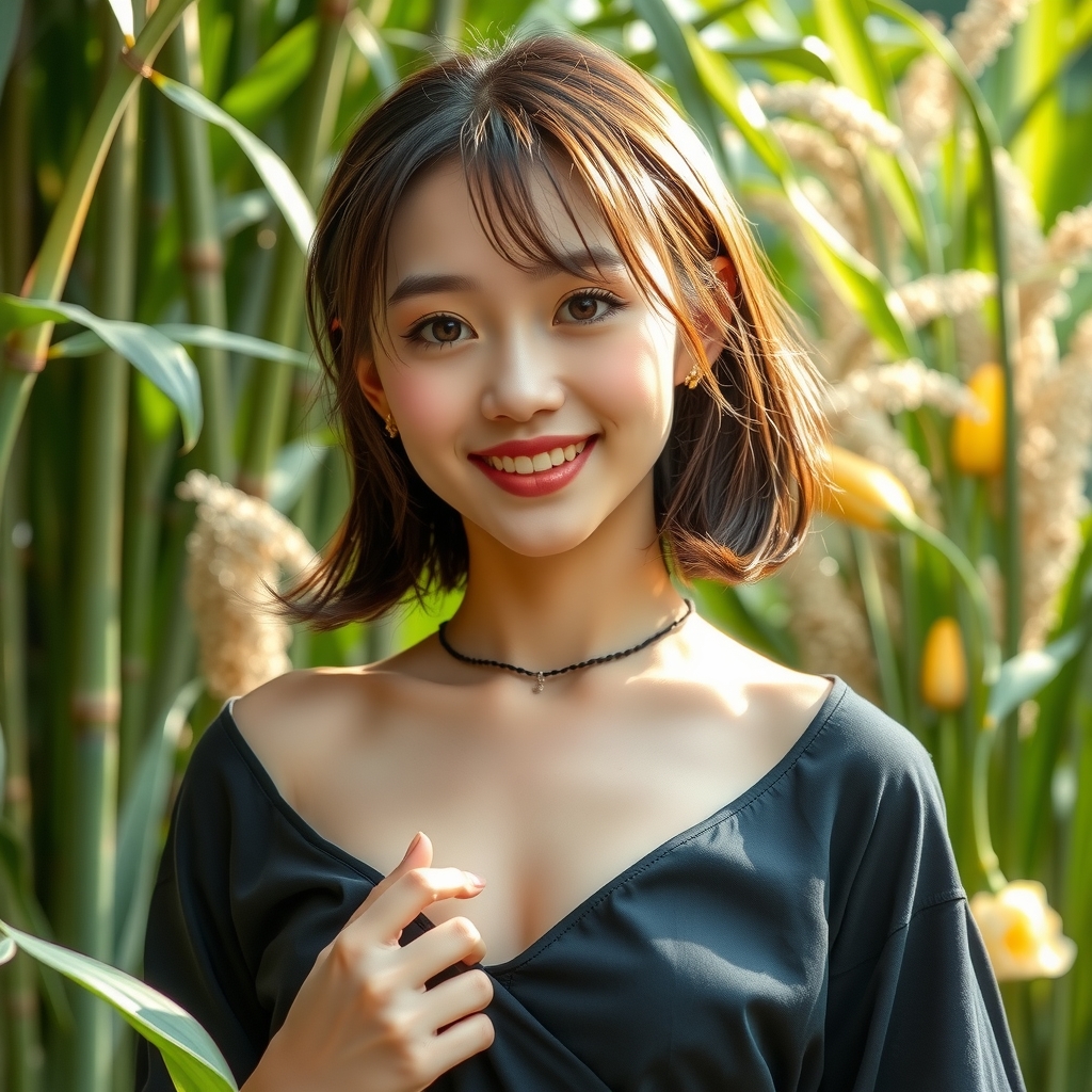 yellow collarbone energetic female idol 19 years old short hair background with various plants by मुफ्त एआई छवि जनरेटर - बिना लॉगिन के✨ | AIGAZOU