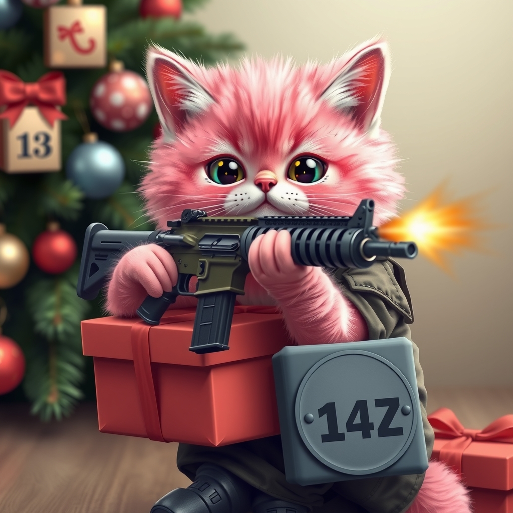 cute pink cat christmas present in military uniform shooting assault rifle with 14z emblem by मुफ्त एआई छवि जनरेटर - बिना लॉगिन के✨ | AIGAZOU