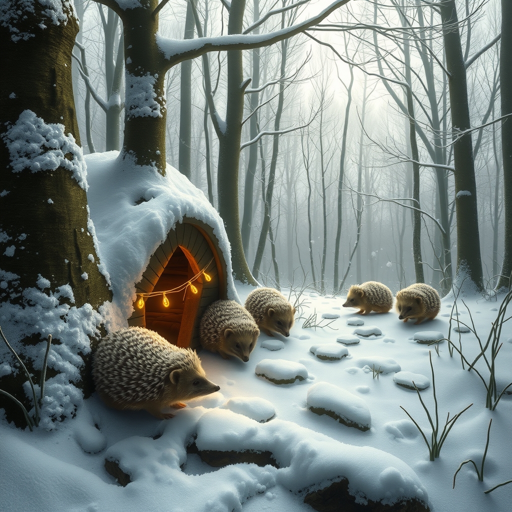 snowy fairy tale forest with hedgehog family no humans by Générateur d'images par IA gratuit - Aucune connexion nécessaire✨ | AIGAZOU