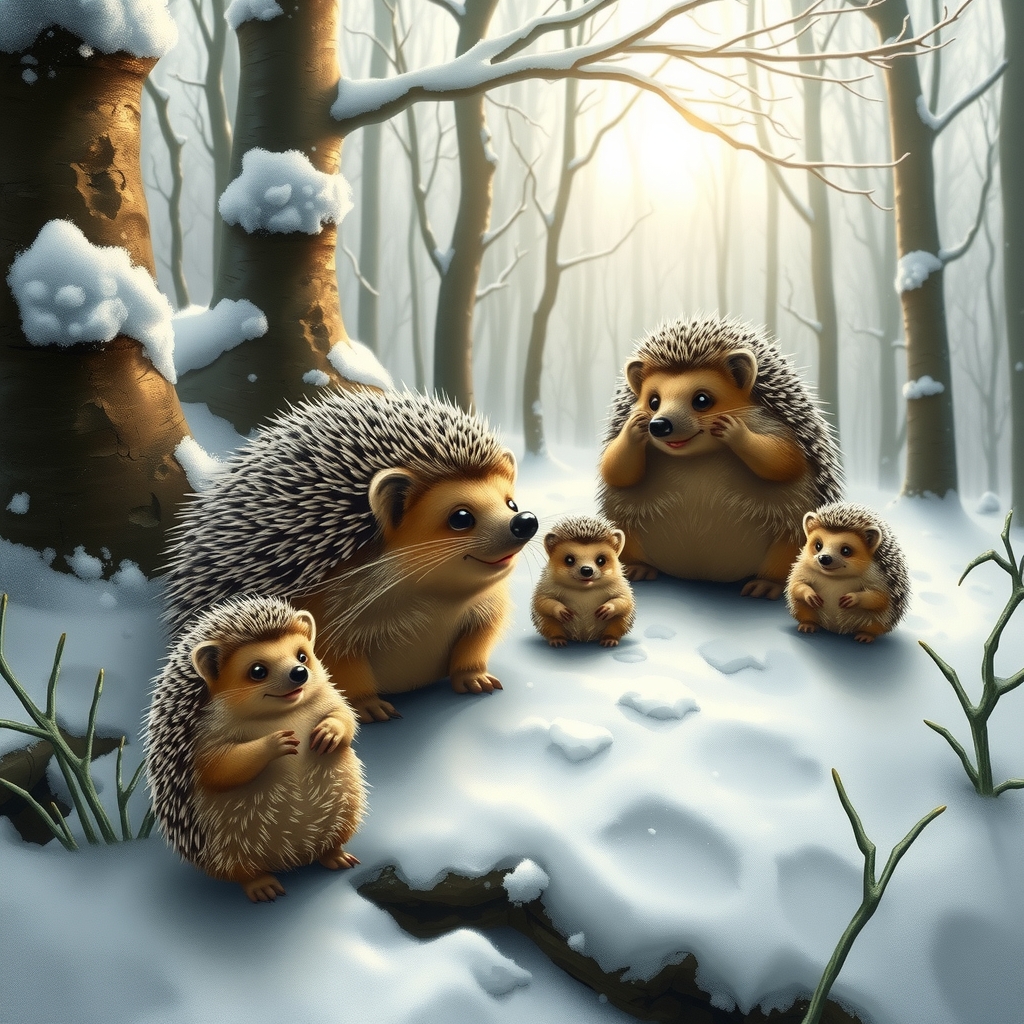 snowy fairy tale forest with hedgehog family by मुफ्त एआई छवि जनरेटर - बिना लॉगिन के✨ | AIGAZOU