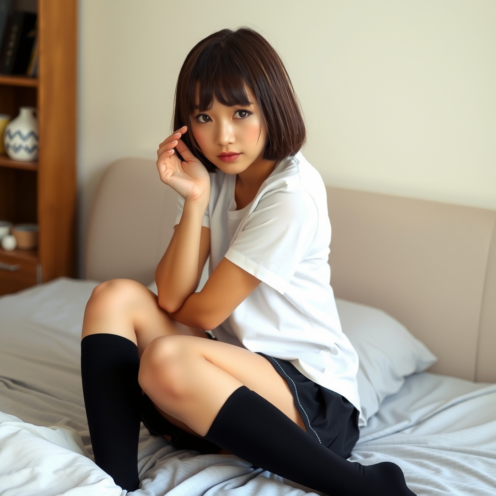 shy face black knee high socks mini skirt sitting on bed looking at camera japanese bob cut white t shirt by मुफ्त एआई छवि जनरेटर - बिना लॉगिन के✨ | AIGAZOU