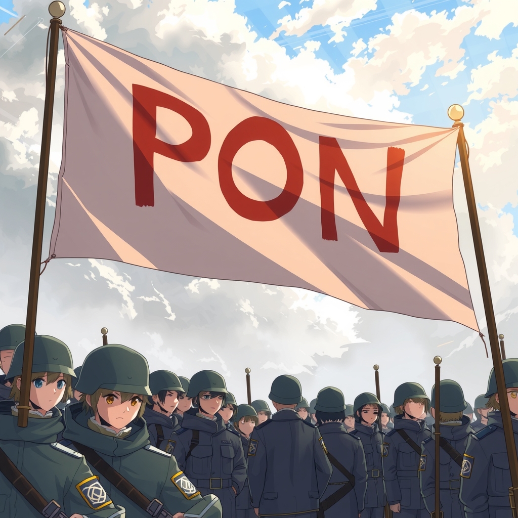 anime style soldiers gather under flag by 無料AI画像生成 aiイラスト - ログイン不要の画像作成サイト | AIGAZOU