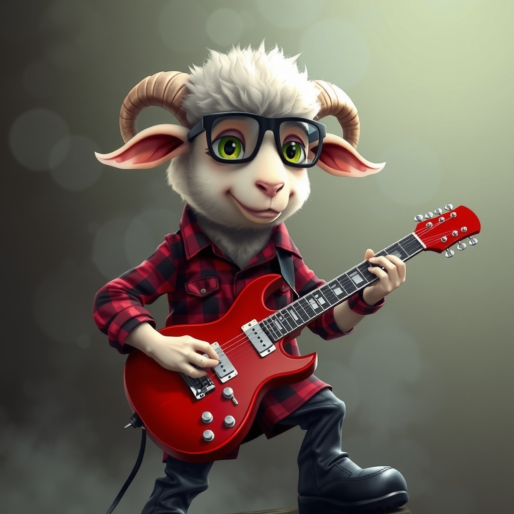 a sheep with green eyes punk hair checkered shirt black pants and leather boots plays guitar wears square glasses by Générateur d'images par IA gratuit - Aucune connexion nécessaire✨ | AIGAZOU