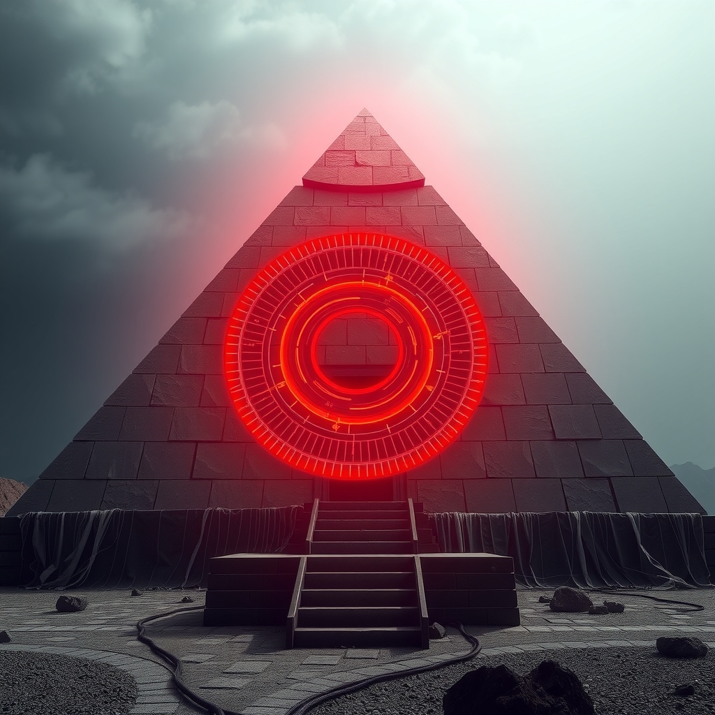 a pyramid view with a red electronic circle in the middle by मुफ्त एआई छवि जनरेटर - बिना लॉगिन के✨ | AIGAZOU