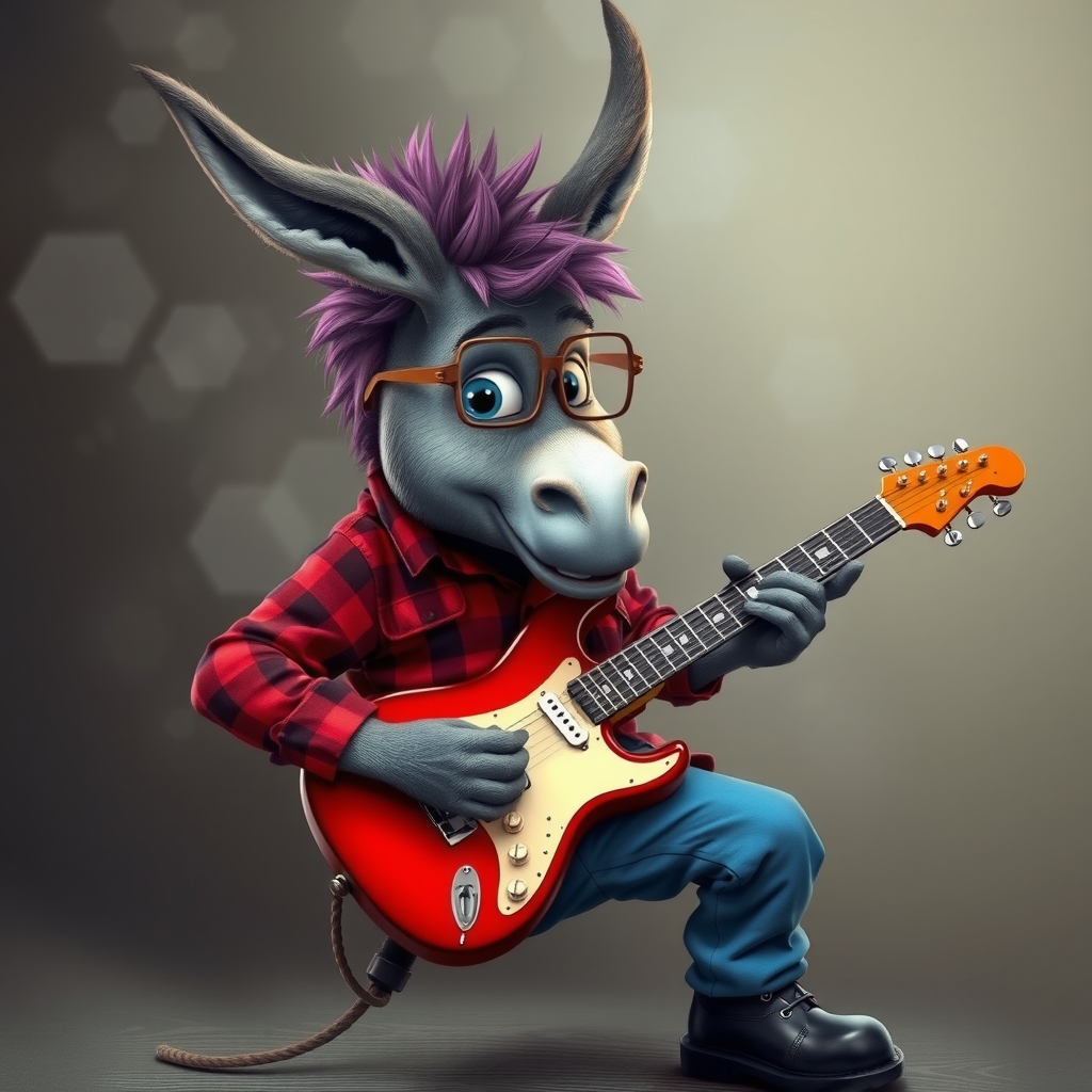 a donkey with blue eyes and punk hair in a red checkered shirt blue pants and black leather boots plays by मुफ्त एआई छवि जनरेटर - बिना लॉगिन के✨ | AIGAZOU