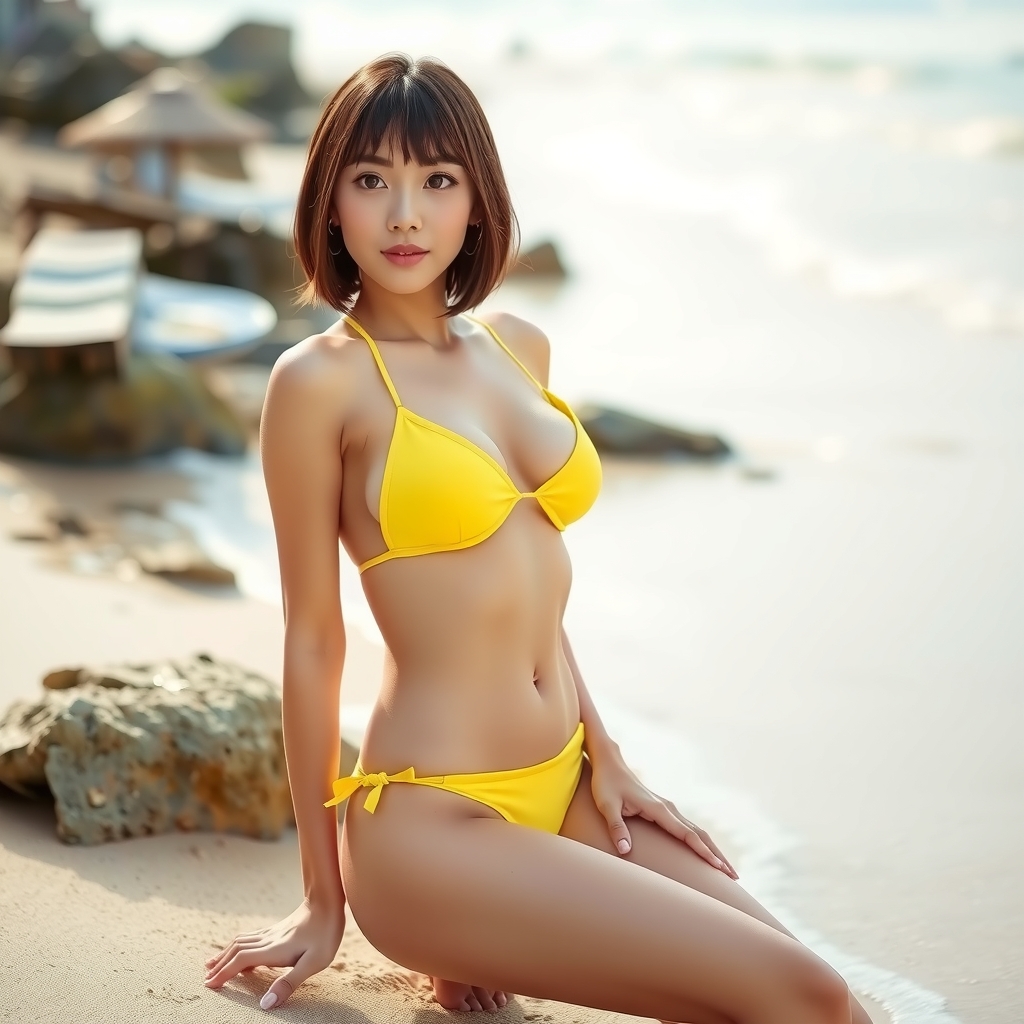 yellow bikini short cute japanese female idol beach by Générateur d'images par IA gratuit - Aucune connexion nécessaire✨ | AIGAZOU