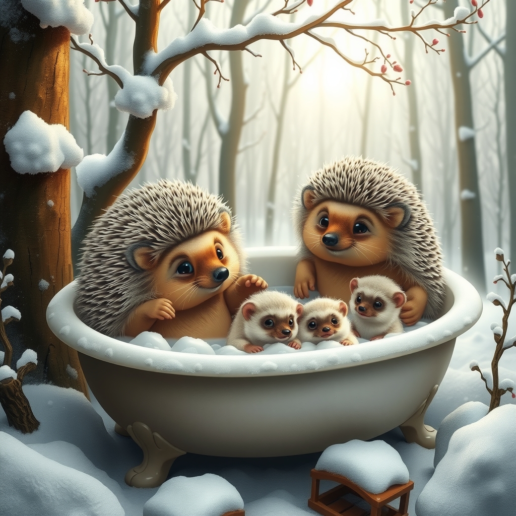 snowy fairy tale forest with hedgehog family by मुफ्त एआई छवि जनरेटर - बिना लॉगिन के✨ | AIGAZOU