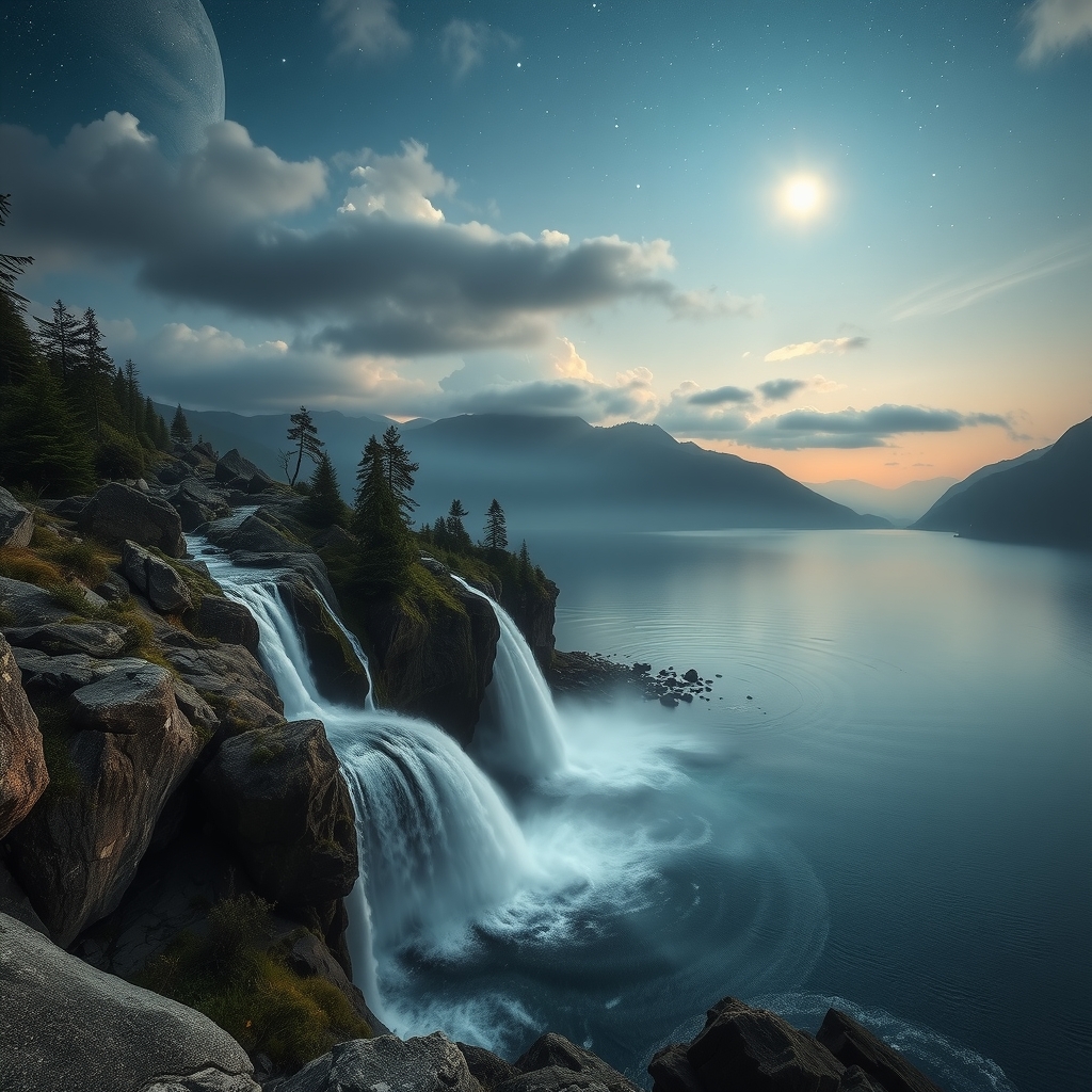 moon clouds stars mountain lake waterfall by मुफ्त एआई छवि जनरेटर - बिना लॉगिन के✨ | AIGAZOU