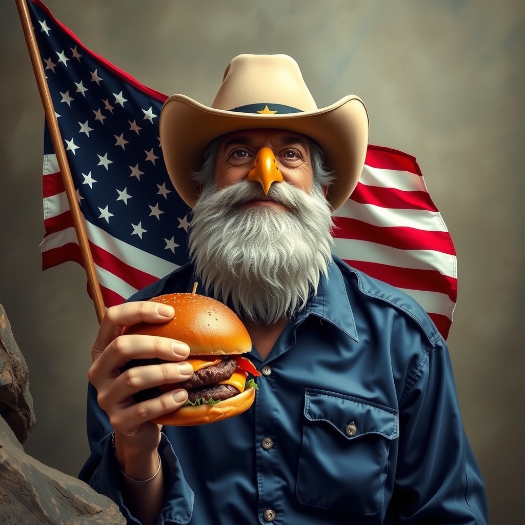 american person with flag burger eagle rock by मुफ्त एआई छवि जनरेटर - बिना लॉगिन के✨ | AIGAZOU