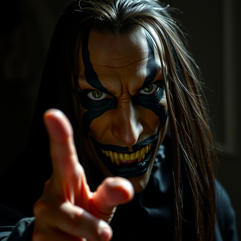 gothic face man evil staring wise face black stripes long hair night pointing finger at me by मुफ्त एआई छवि जनरेटर - बिना लॉगिन के✨ | AIGAZOU