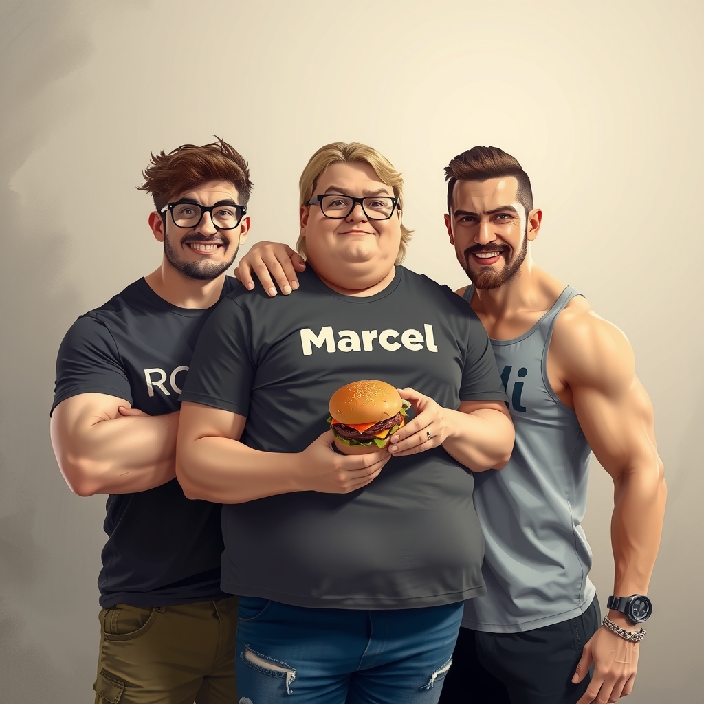 three people one brown haired muscular glasses robin shirt another blond extremely overweight burger glasses marcel shirt last extremely muscular by मुफ्त एआई छवि जनरेटर - बिना लॉगिन के✨ | AIGAZOU