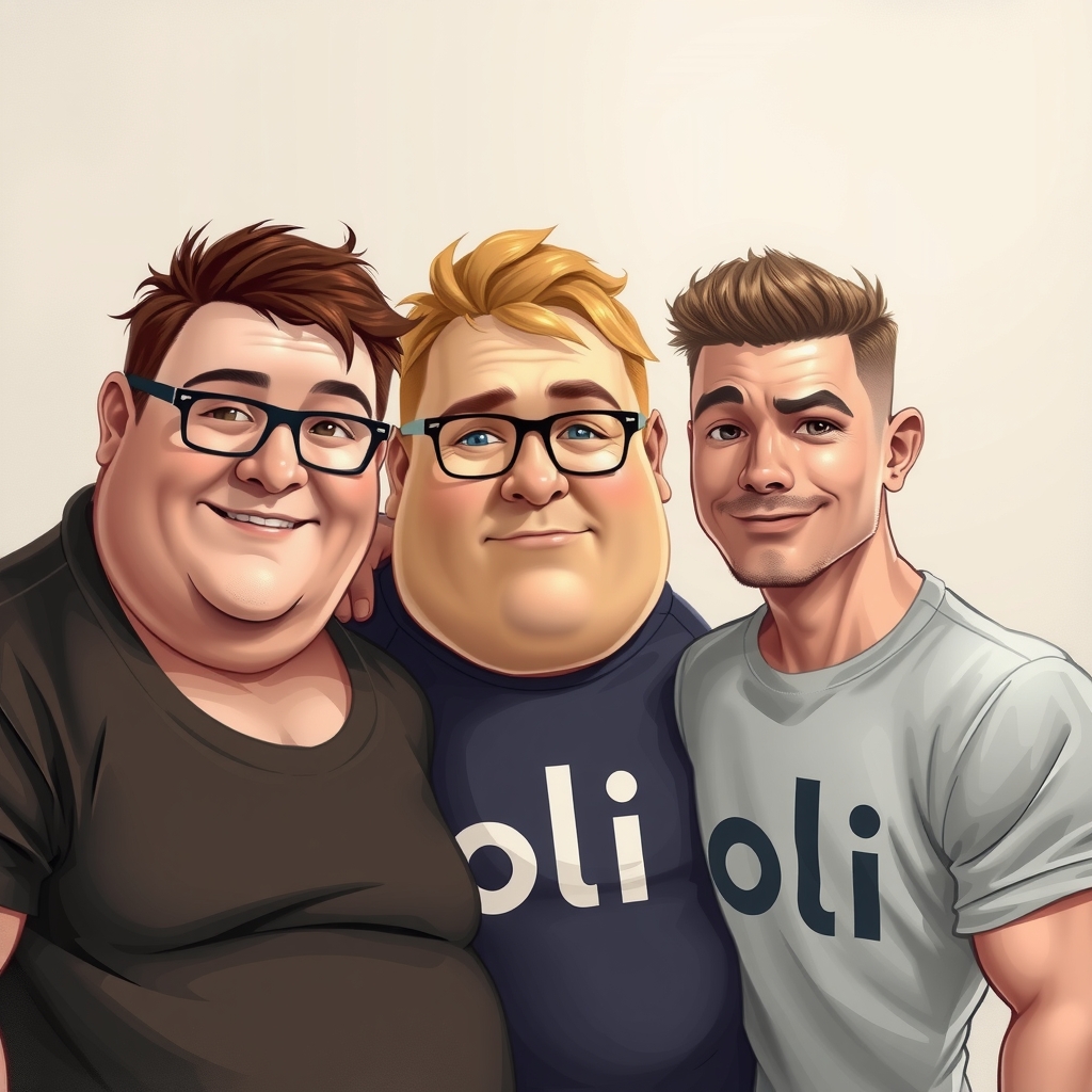 three people one brown haired broad built glasses another blond overweight glasses last muscular oli t shirt short hair by मुफ्त एआई छवि जनरेटर - बिना लॉगिन के✨ | AIGAZOU