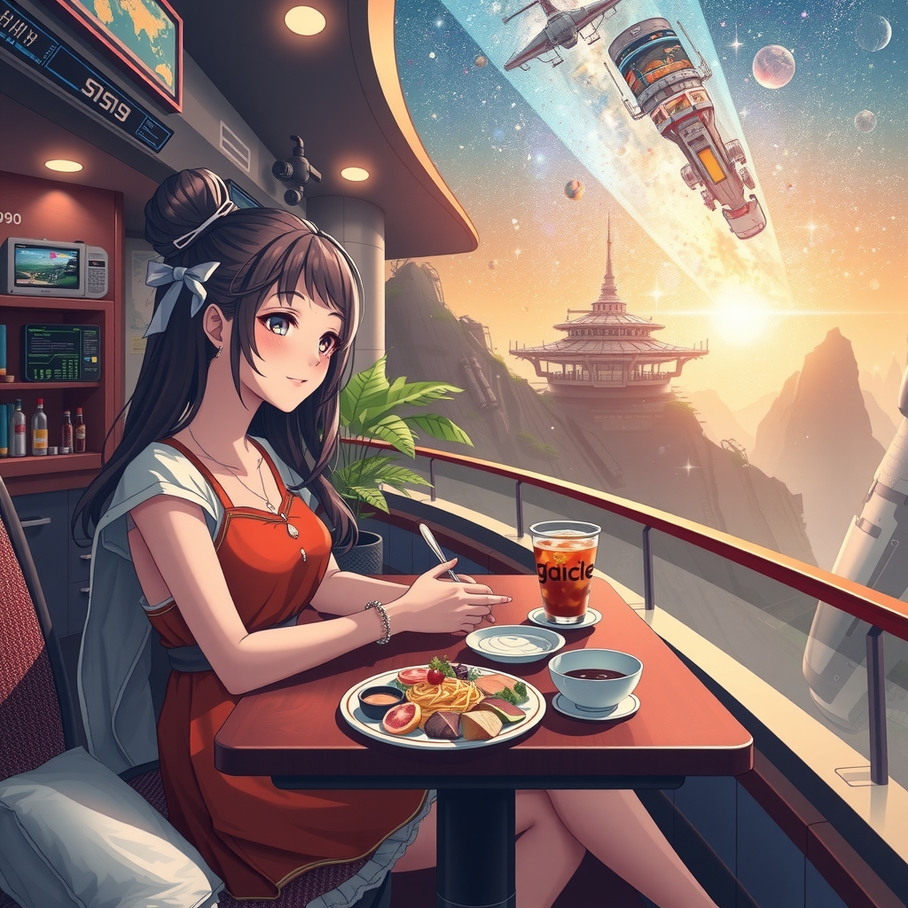 future high tech vacation delicious food anime girl black tech human flight sky houses outer space starry sky by Générateur d'images par IA gratuit - Aucune connexion nécessaire✨ | AIGAZOU