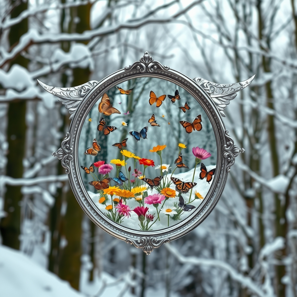 an old silver framed oval mirror floating in a snowy forest shows snow and blooming summer flowers with 7 colorful by मुफ्त एआई छवि जनरेटर - बिना लॉगिन के✨ | AIGAZOU